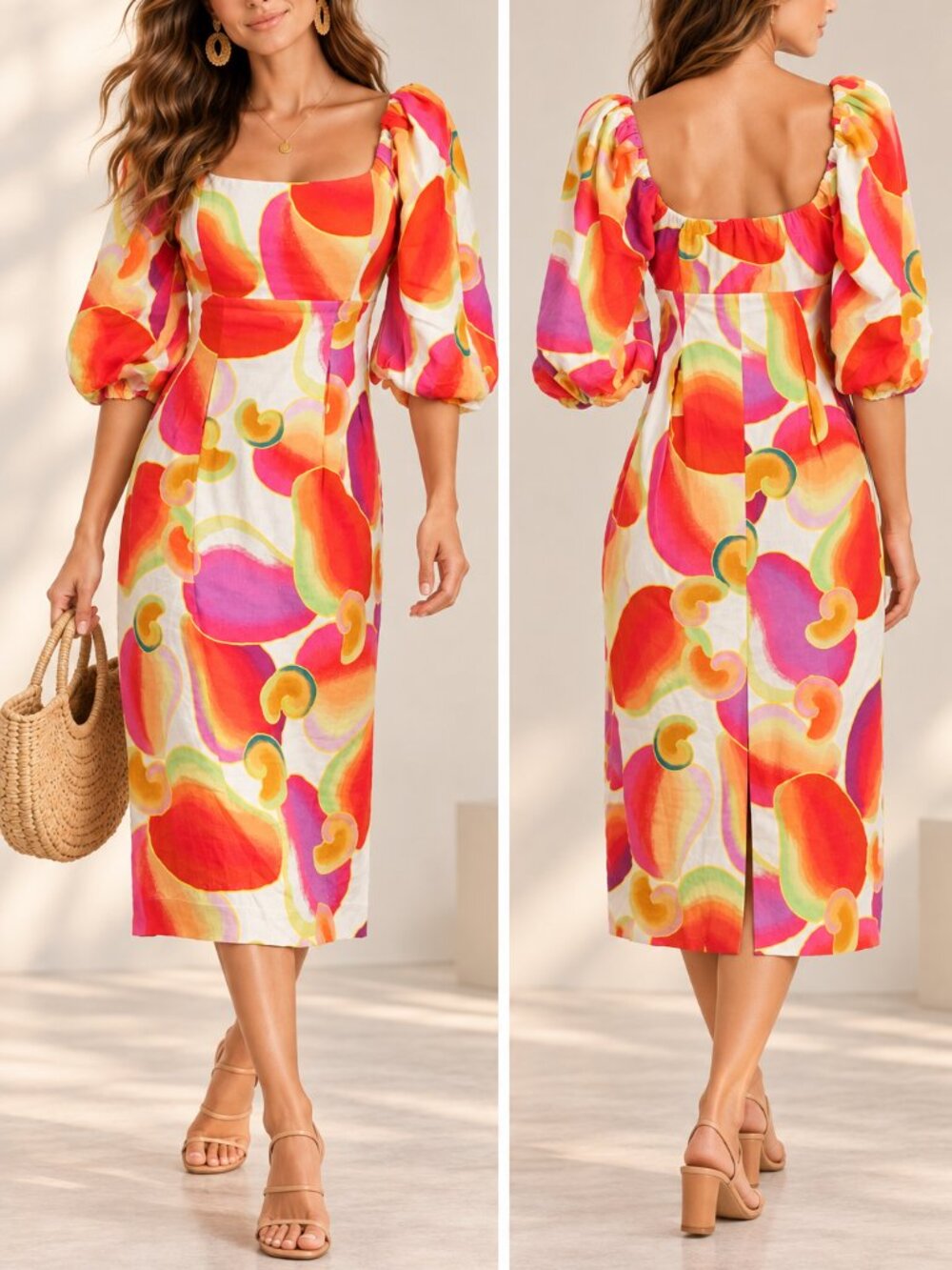 FARM Rio Multicolor Abstract Print Puff Sleeve Midi Dress Size S